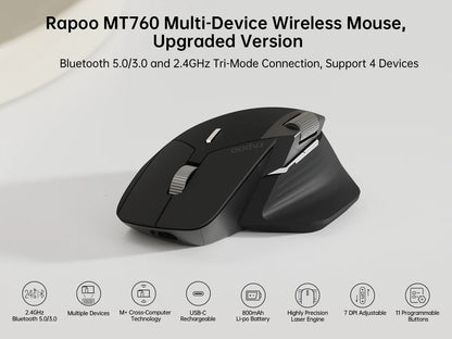 Rapoo MT760L/MT760M multimode genopladelig trådløs mus, ergonomisk, 4000 DPI, understøtter op til 4 enheder, Bluetooth-mus
