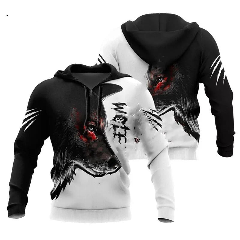 Sweatshirt com Capuz Unissexo de Outono com Estampado 3D Integral de Leão, Lobo e Pele de Tigre Branco para Homem, Pullover Casual Estilo Casaco