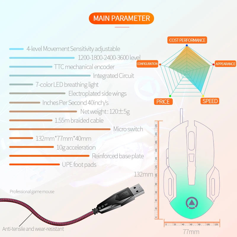 Rato Gaming USB com Fio, 6 Botões, Retroiluminado, Ergonómico, DPI Ajustável, Rato Ótico para PC Gamer e Computador de Secretária