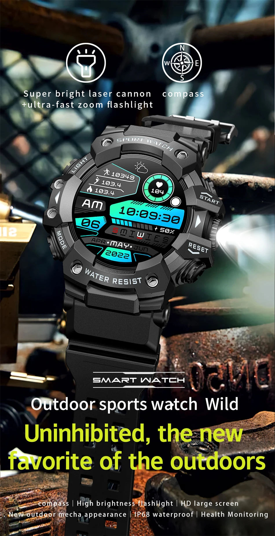 New Military Sports Smart Watch Men 100+ Sports Outdoor Fitness Compass Heart rate BT Call Waterproof Smartwatch For iOS Android