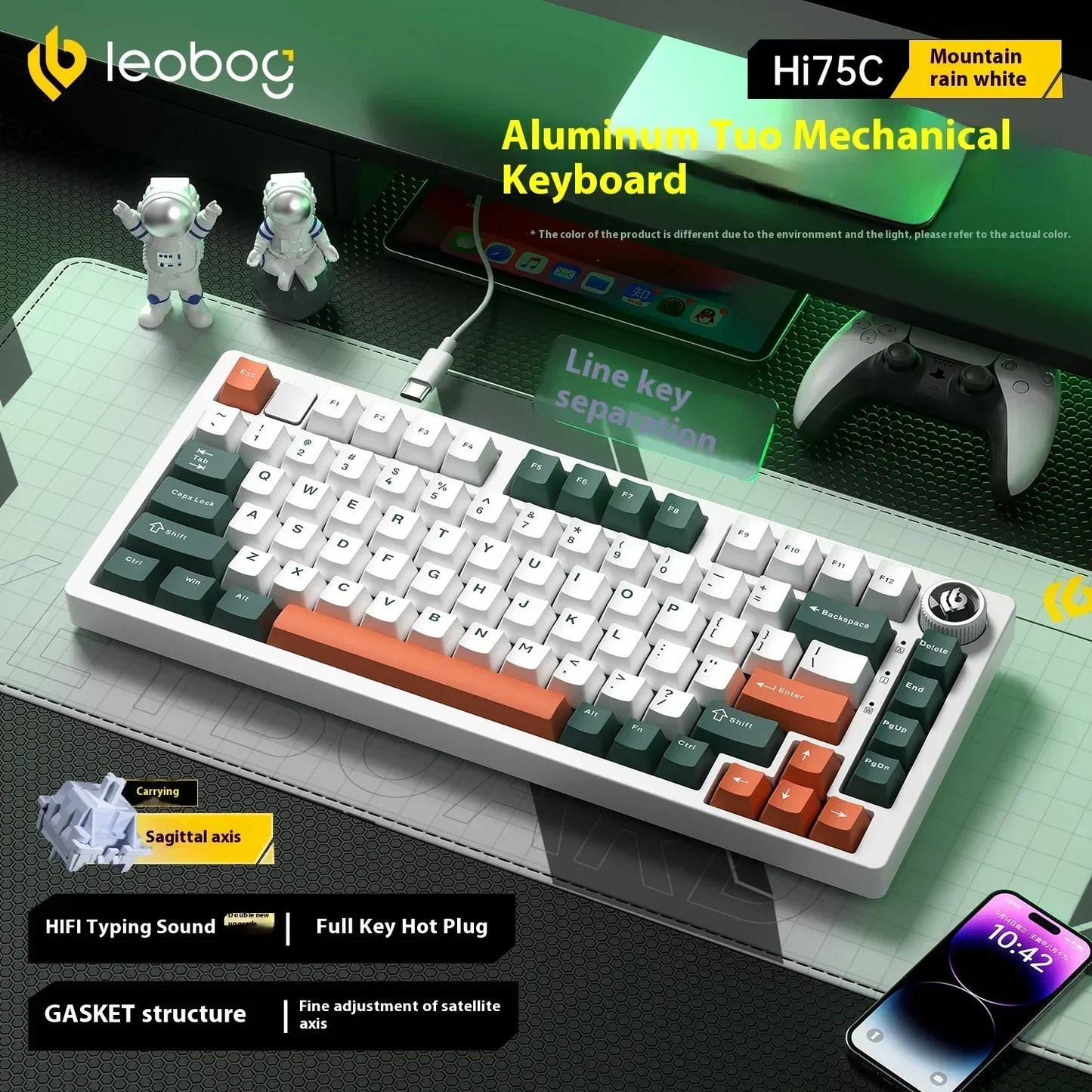 Kit de Teclado Mecânico LEOBOG Hi75C 3 Modos/Com Fio Hot-Swap com Botão Rotativo RGB, Liga de Alumínio, Montagem Gasket, Kit de Teclado Hi75C Personalizado para PC, Presente