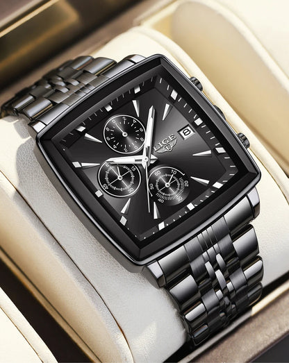 LIGE luxe herenhorloges, vierkant model, klassieke en trendy stijl, van roestvrij staal, waterdicht, sportief en casual, met quartz uurwerk.