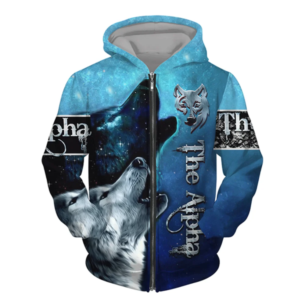 3D Wolf Print Men's Zipper Hoodies Fashion Animal Pattern Top Coat Street Punk Style Oversized Sweatshirts Outdoor Leisure Jackets