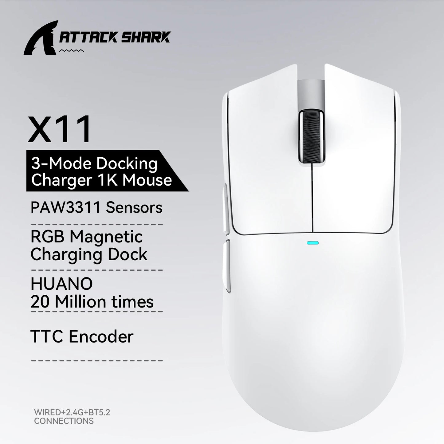 ATTACK SHARK X11 žaidimų pelė ir X11 SE belaidė pelė, 22000 DPI, PAW3311 jutiklis, BT/2.4G/laidinė, lengva 59g, 2000W paspaudimų