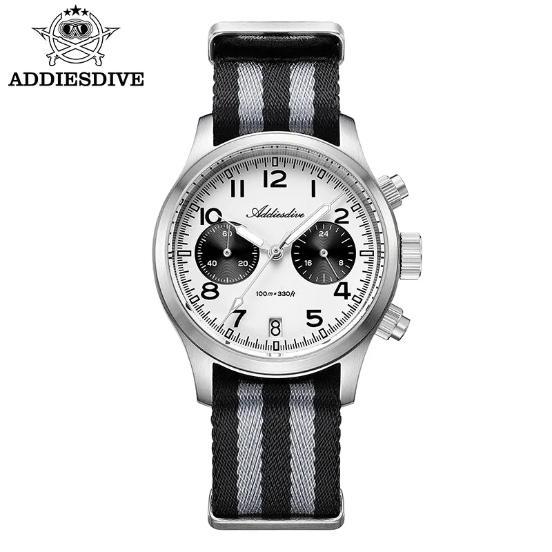 Relógio Masculino ADDIESDIVE 2025 New Panda Eye Retro Luxo VK64 Quartz, Cronógrafo Desportivo, 100M Impermeável, Luminoso