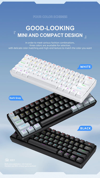 Teclado mecánico mini APAYADO K61, con cable, 61 teclas, Phantom RGB, negro/blanco, interruptor mecánico rojo/azul para gaming, portátil 60%
