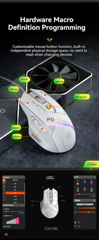 Ratón gaming con cable Inphic Pg1, iluminación RGB, programación de macros, 12800DPI, 6 botones, ratón para ordenador, tasa de sondeo de 1000hz