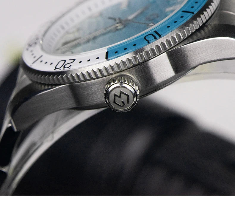 WISHDOIT Automatische Taucheruhr für Herren mit ozeanblauem und weißem Wellenschliff-Zifferblatt, 8215-Uhrwerk und Saphirglasablytyped
