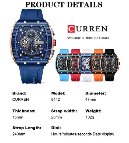 CURREN Tonneau Dial Sport Watch for Men Fashion Waterproof Quartz Wristwatch with Auto Date Yellow Silicone Strap Luminous