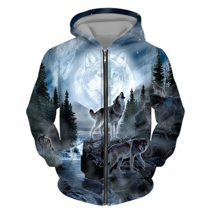3D Wolf Print Men's Zipper Hoodies Fashion Animal Pattern Top Coat Street Punk Style Oversized Sweatshirts Outdoor Leisure Jackets