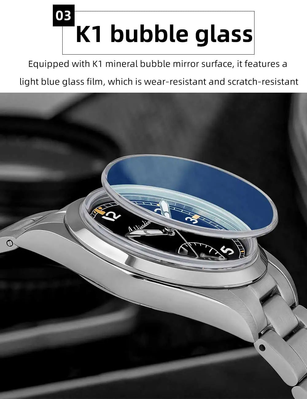 Relógio de quartzo ADDIESDIVE 36mm para homem VH60, luminoso BGW9, vidro em cúpula tipo bolha, resistente à água 10Bar, em aço inoxidável