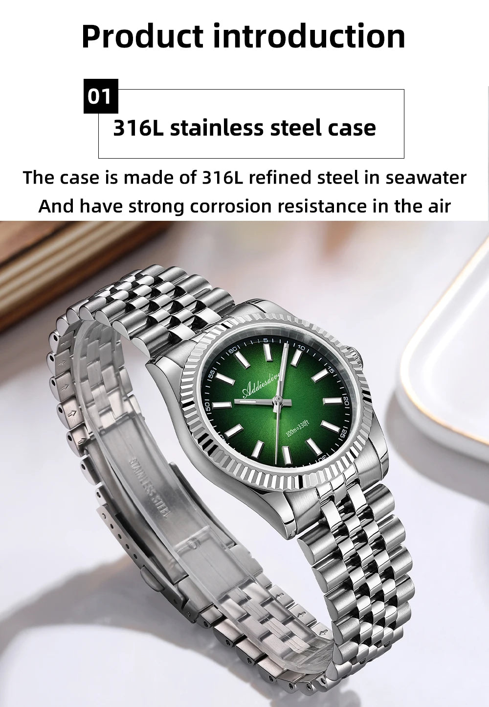 Reloj para hombre ADDIESDIVE AD2073, cristal de zafiro, 36mm, VH31, esfera sunburst, cuarzo, 10Bar, impermeable para buceo, luminoso