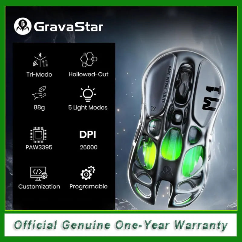 Rato Gaming Sem Fios GravaStar Mercury M1 Pro 26000DPI com Cabo / 2.4GHz / Bluetooth GLOWSYNC RGB