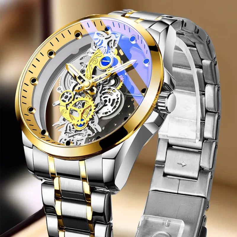 Relógio de moda para homem, modelo com abertura dupla, estilo luxuoso dourado, imitação de turbilhão mecânico, movimento de quartzo.