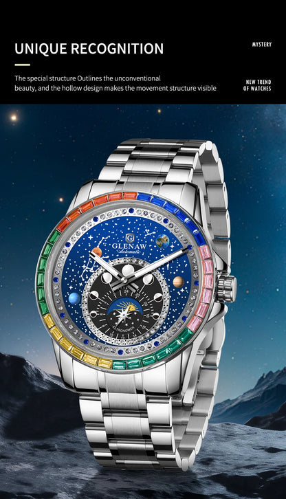 GLENAW Watches Original Design Diamond Constellation Rotating Dial Stainless Steel Luxury Men's Automatic Mechanical Watch P8719