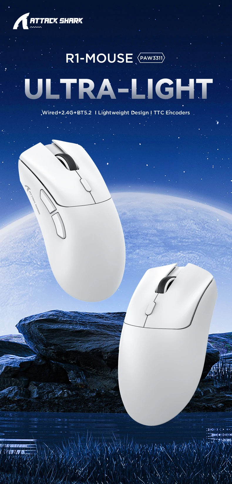 Attack Shark R1 brezžična miška Bluetooth za gaming, viralna miška, ki so jo ocenili vplivneži, senzor PAW3311, frekvenca odzivanja 1000Hz