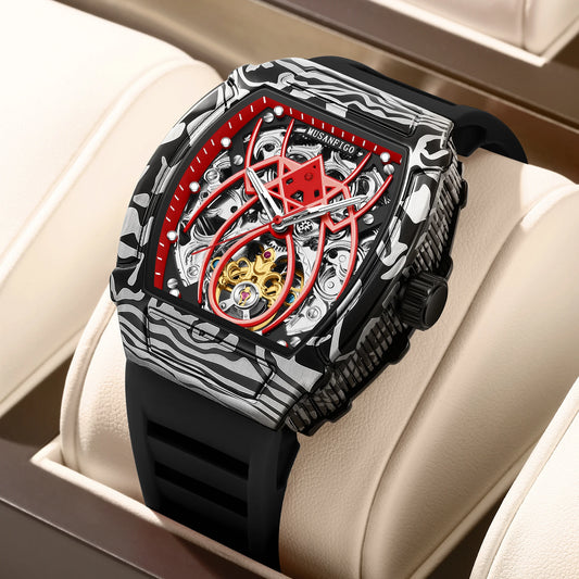 MUSANFIGO automatic hollow mechanical watch, barrel shaped fashionable men's trendy watch, luminous waterproof watch