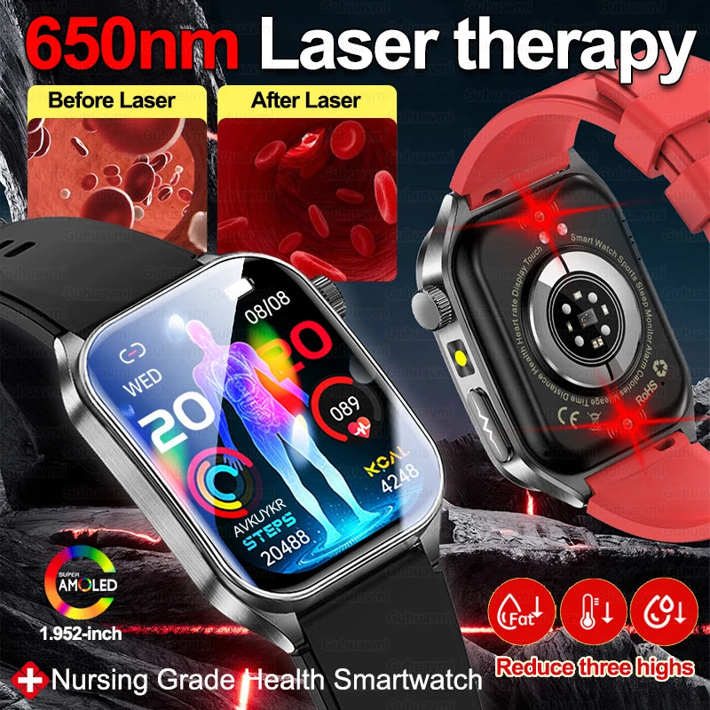 2026 New 650nm Laser Therapy Blood Fat Uric Acid Blood Pressure Smart Watch ECG+PPG Precise Health Monitor Smartwatches For Men