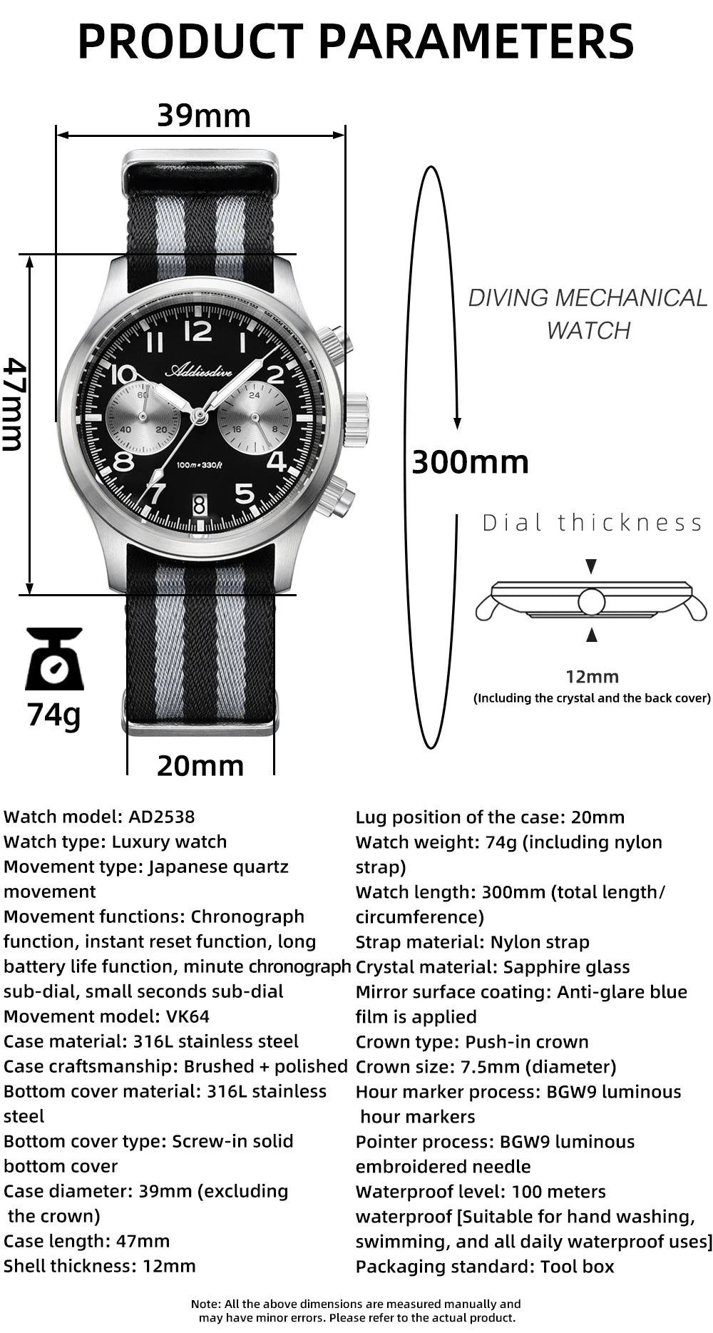 Relógio Masculino ADDIESDIVE 2025 New Panda Eye Retro Luxo VK64 Quartz, Cronógrafo Desportivo, 100M Impermeável, Luminoso