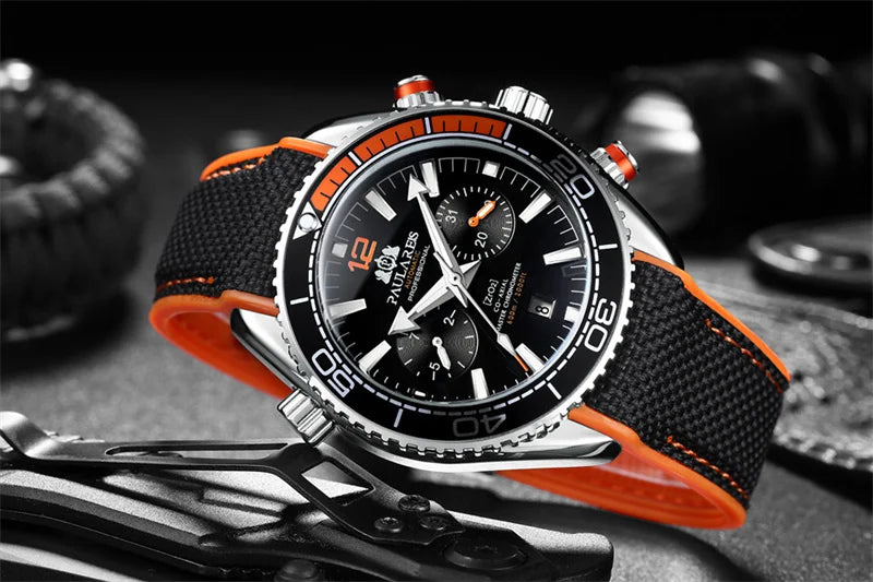 PAULAREIS P Relógio mecânico automático de luxo para homem com corda automática, bracelete em borracha, impermeável, luminoso, com data, relógio de moda masculino