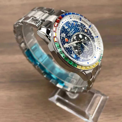 GLENAW Watches Original Design Diamond Constellation Rotating Dial Stainless Steel Luxury Men's Automatic Mechanical Watch P8719