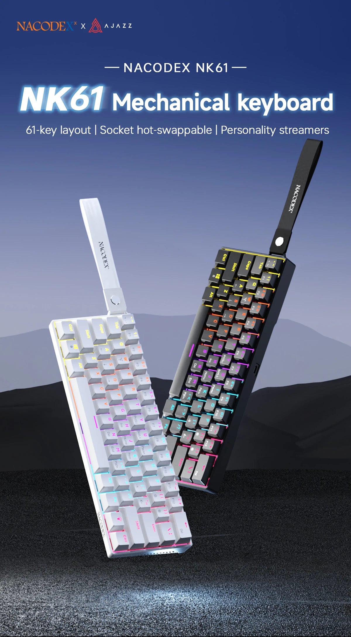 AJAZZ NK61 61-Key Red Switch Wired Mechanical Keyboard with Hot-Swappable Keys and RGB Lighting, Suitable for PC and Mac