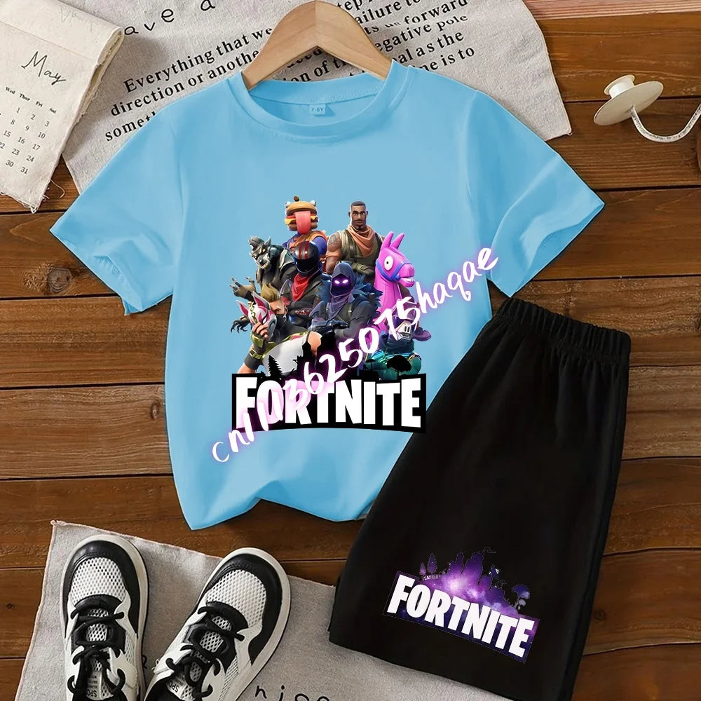 Summer T-shirts 2 pieces Fortnite children's cotton short-sleeved set with cartoon prints, boys' sports shirt, casual top, gift