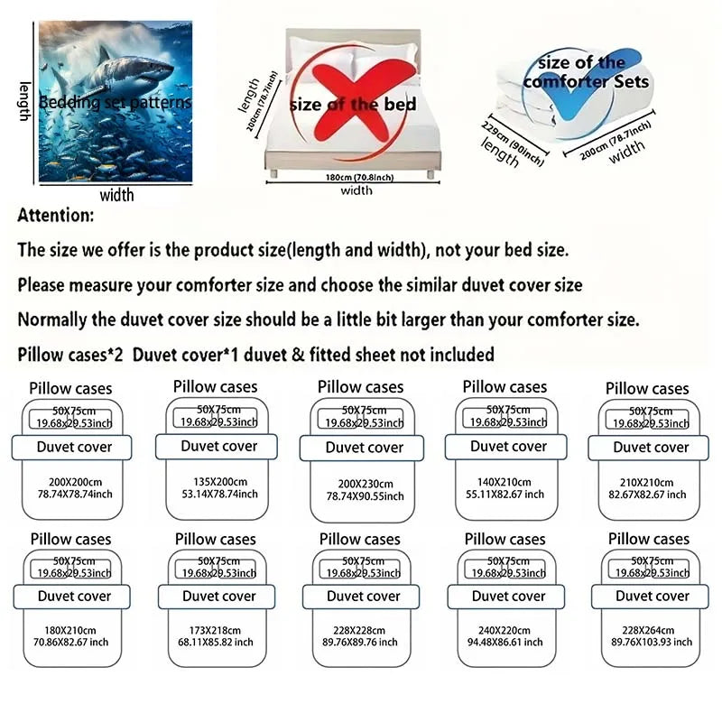 Hai schwimmt durch einen Fischschwarm – bedrucktes, weiches und komfortables Bettwäsche-Set, inklusive 1*Bettbezug 2*Kissenbezüge