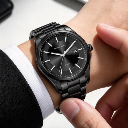 Kvarčna ura HANNAH MARTIN, 40 mm, za moške, črna zapestnica iz nerjavečega jekla, vodotesna do 3 barov, športno-eleganten stil