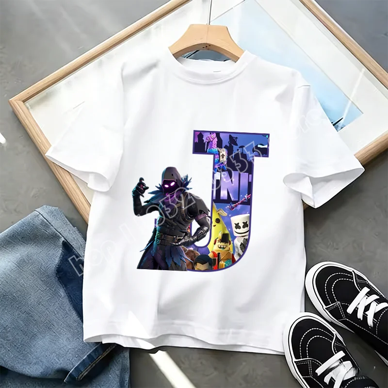 Fortnite A-Z Alphabet Print T Shirt Summer Kids White Clothing Popular Cartoon Game T Shirt Fashion Casual Short Sleeve Top Gift