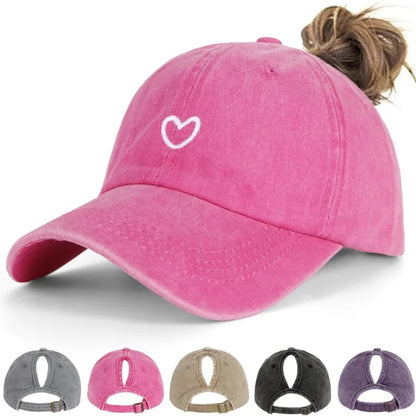 1pc Retro Washed Little Heart Embroidered Ponytail Baseball Cap  for Women,Outdoor Sports Adjustable Women's Cap for Daily Wear