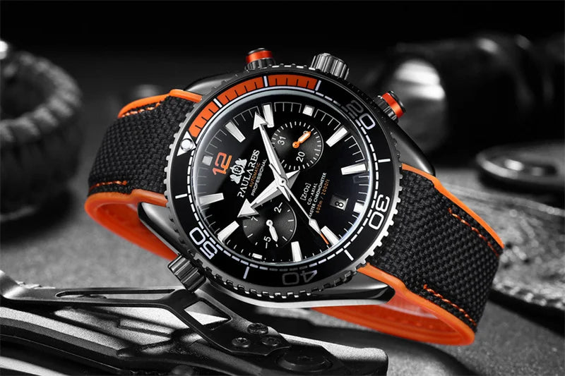 PAULAREIS P Relógio mecânico automático de luxo para homem com corda automática, bracelete em borracha, impermeável, luminoso, com data, relógio de moda masculino
