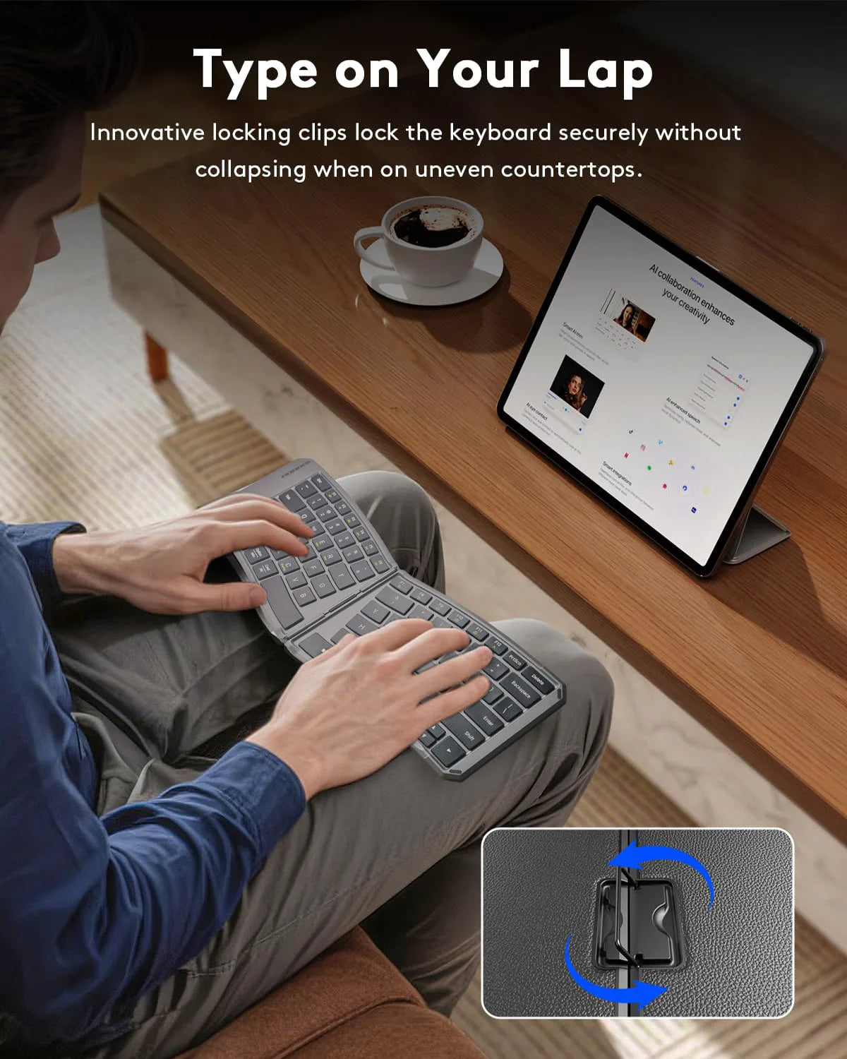 Teclado Bluetooth ergonómico plegable, teclado compacto dividido portátil para viajes de negocios, teclado inalámbrico plegable recargable