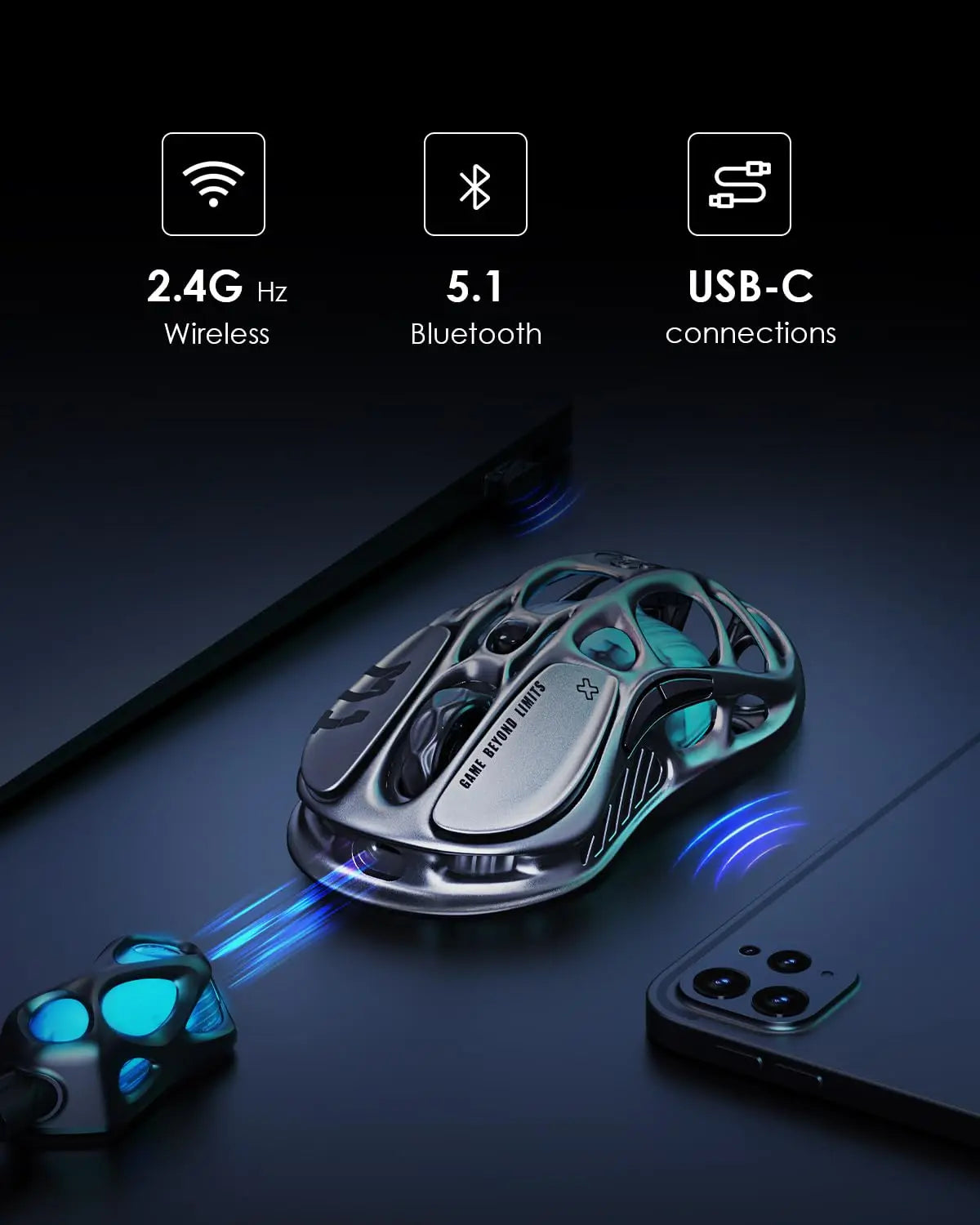 Rato Gaming Sem Fios GravaStar Mercury M1 Pro 26000DPI com Cabo / 2.4GHz / Bluetooth GLOWSYNC RGB