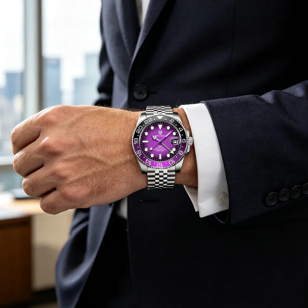 Orologio meccanico da uomo Pagani Design GMT – Modello di lusso con vetro zaffiro, cassa in acciaio inossidabile e lunetta in ceramica – Orologio automatico da uomo, stile professionale