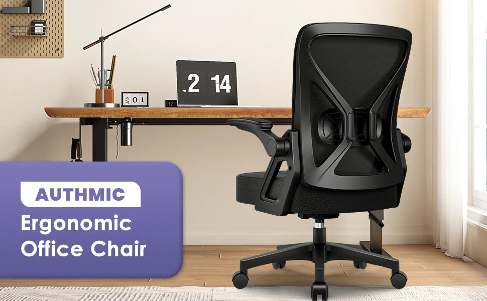 AUTHMIC Ergonomic Office Chair Mesh Back Lumbar Support Flip-Up Armrests Reclining Adjustable Height for Home Office Desk Work