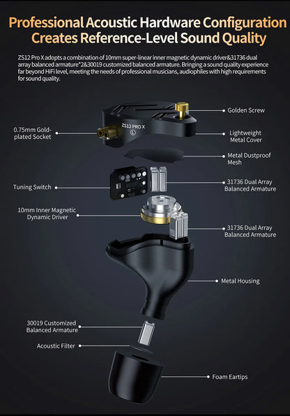 KZ ZS12 PRO X hybrid dynamisk og balanced armature-teknologi IEM-øretelefon, opgraderet HiFi-bas in-ear-hovedtelefon med tuningkabel-headset