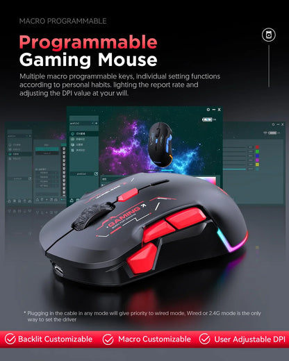 MKESPN W12 10-Tasten-Makro-Gaming-Maus, beidhändig, kabellos, Bluetooth, Mehrkanal, Tri-Mode, großes RGB, ergonomisch, beidhändig