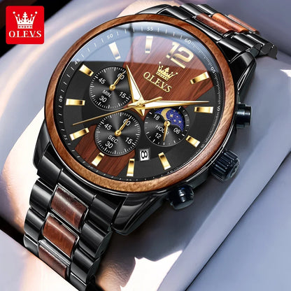 OLEVS 3645 Herrenuhr aus Holz, luxuriös, mit Nachtbeleuchtung, multifunktionalem Chronographen, Quarzwerk, Retro-Stil, trendige Sportuhr.