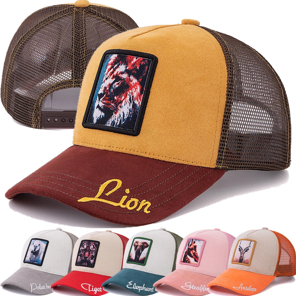 Unisex Mesh Cap Lion Pattern Patch Design Suede Hat Women And Men Summer Animal Baseball Cap Fashion Trucker Hat