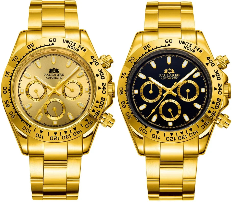 Automatic Mens Watch Self Wind Mechanical Gold Stainless Steel Glacier Ice Blue Dial Chestnut Brown Bezel Luminous Men Watches
