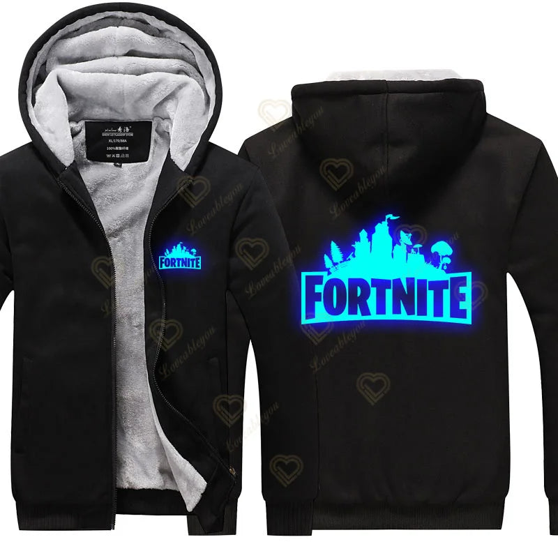 Hanorace luminescente „Winter Warm Fortnite” pentru bărbați și femei, hanorace de joc și cosplay, din fleece gros, cu fermoar, jachete și paltoane pentru cupluri