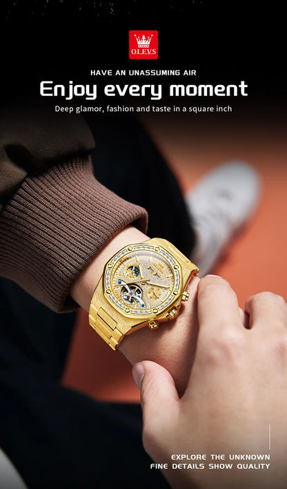 OLEVS 9805 Skeleton Automatic Man Watch Luxury Fashion Matte Texture Full Diamond Moon Phase Waterproof Mechanical Wristwatches