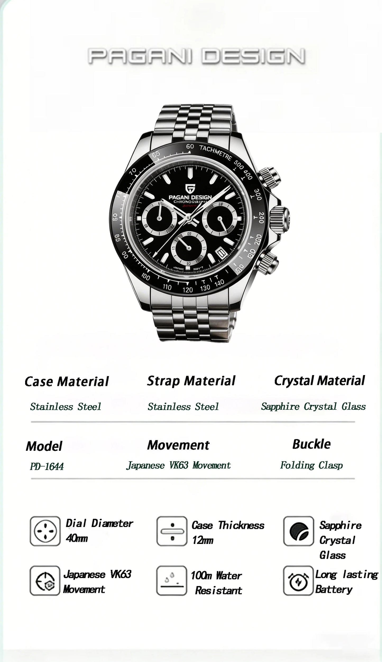 PAGANI Design 2026 New Mens Quartz Watch Luxury Sports Fashion Style Sapphire Glass Japan VK63 Movement Water Resistant PD1644