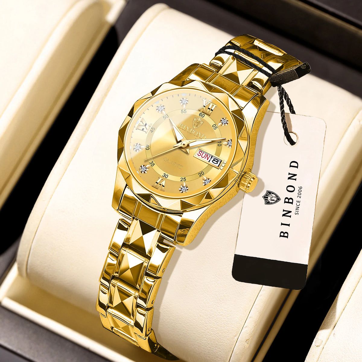Montre pour femme BINBOND : montre à quartz robuste, luxueuse, luminescente et étanche, dotée d'un affichage précis de la date et du jour de la semaine.
