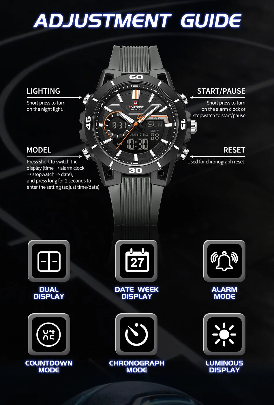 NAVIFORCE Men's Watch Dual Display 50M Waterproof Countdown Chronograph Alarm Clock Male Fashionable Sports Wristwatch NF7135