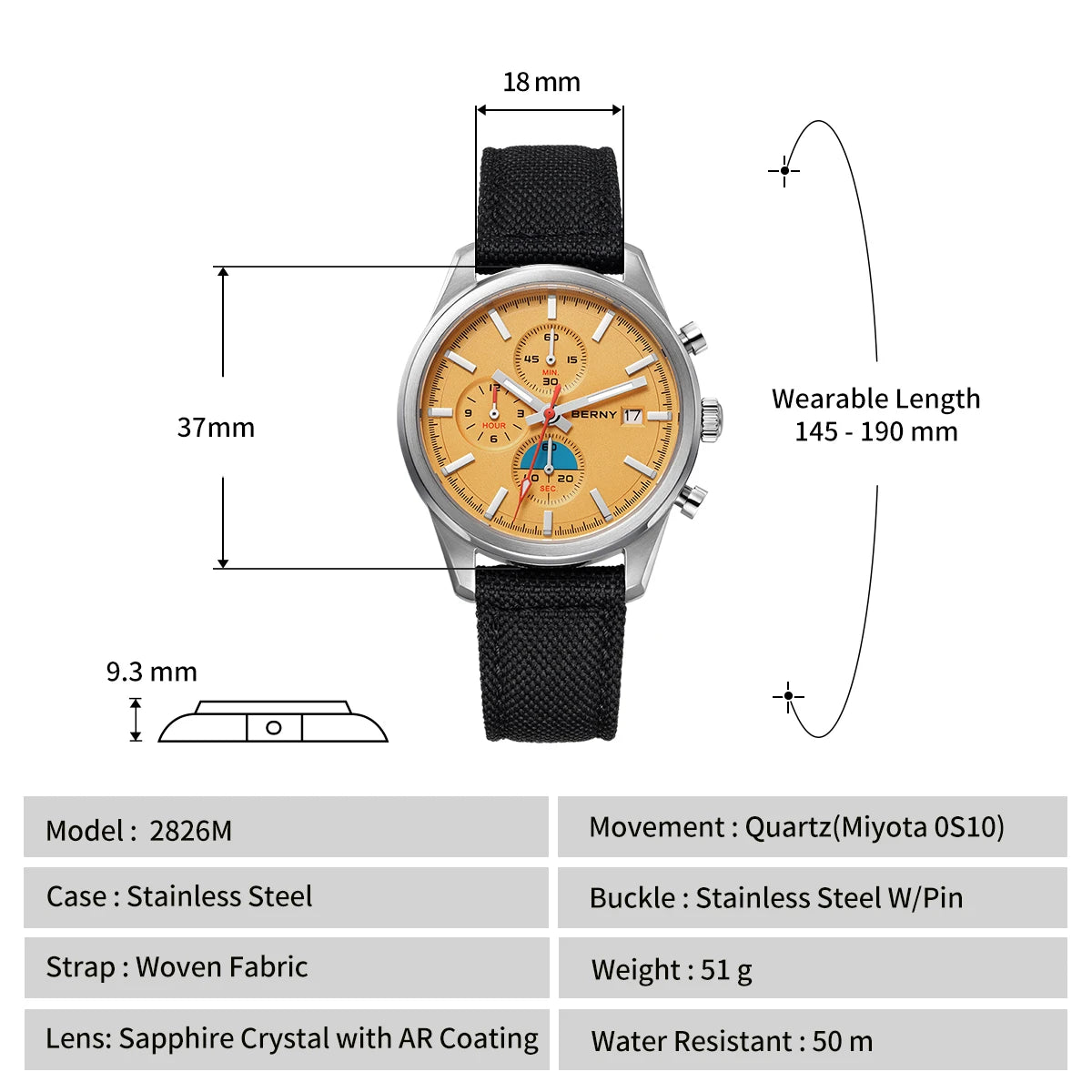 BERNY Chronograph Quartz Men Watch Luminous Miyota OS10 Top Luxury AR Coated Sapphire 5ATM Waterproof 2026 Sports Men’s Watches