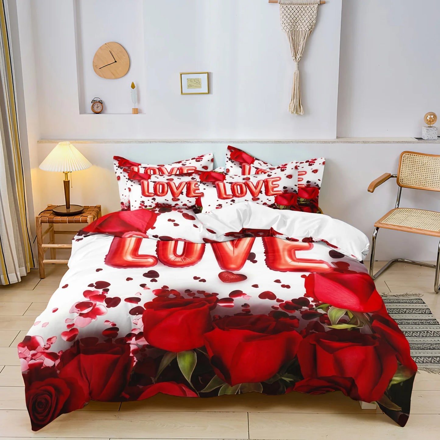 3Pcs Romantic Love Letter Red Rose Flower Pattern Bedding Set Included 1 Duvet Cover & 2 Pillowcases For Home Dorm Hotel Decor