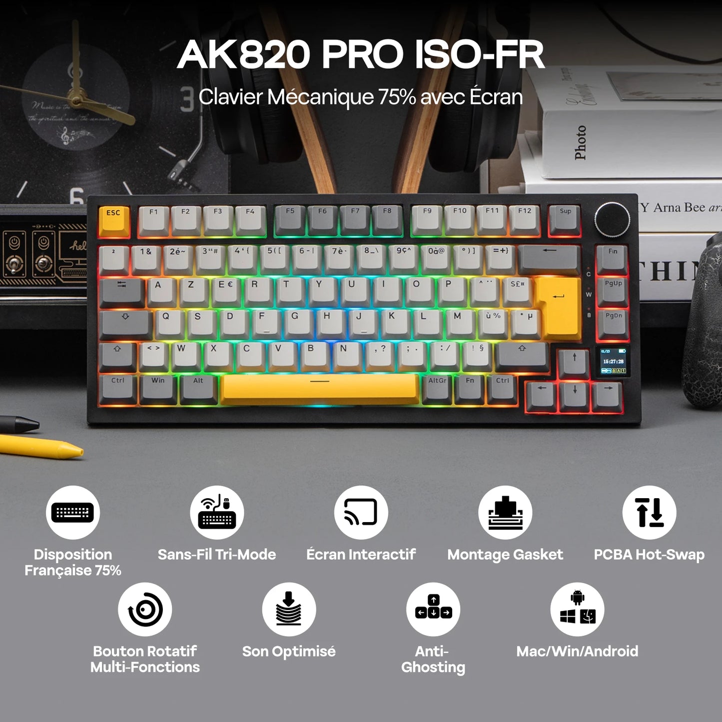 ISO-FR-Layout EPOMAKER X AJAZZ AK820 PRO 75% AZERTY Französisch Hot-Swap kabelgebundene/BT/2.4GHz kabellose mechanische Tastatur für Win/Mac/PC