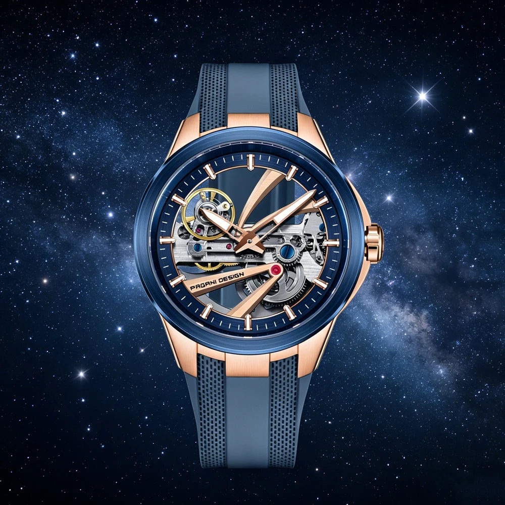Herrenuhr von PAGANI DESIGN – Mechanisches Luxusuhrwerk mit Automatikaufzug, „Skelett“-Ausführung (mit offenem Herz), ausgestattet mit einem Tourbillon, Saphirglas mit Antireflexbeschichtung, wasserdicht und leuchtend.